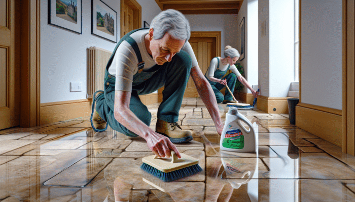 A person cleaning limestone floors with pH-neutral cleaners and soft brushes in a Clackmannan home.