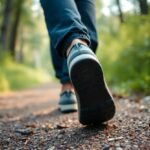 A close-up view of a person walking on a gravel path in a forest, showing the sole of one shoe and the lower part of their pants. The surroundings are green and slightly out of focus.