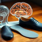 A pair of black dress shoes with removable insoles is placed on a wooden floor, accompanied by transparent anatomical models of a human brain and head in the background.