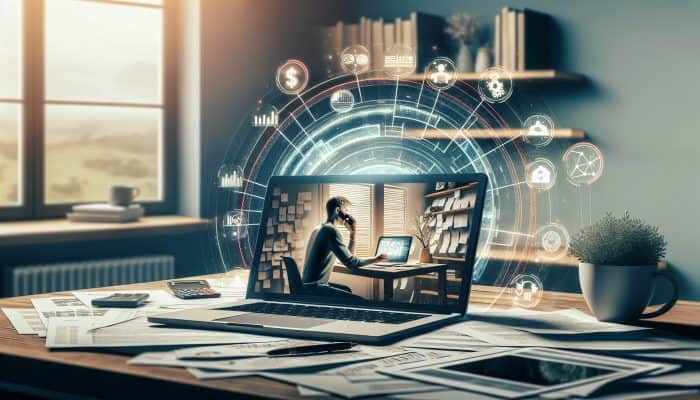 A person in a serene home office on a video call, surrounded by financial documents and a laptop showing debt consolidation charts.