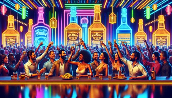 A vibrant Las Vegas bar scene with neon lights and people toasting tequila shots, showcasing the energetic nightlife.