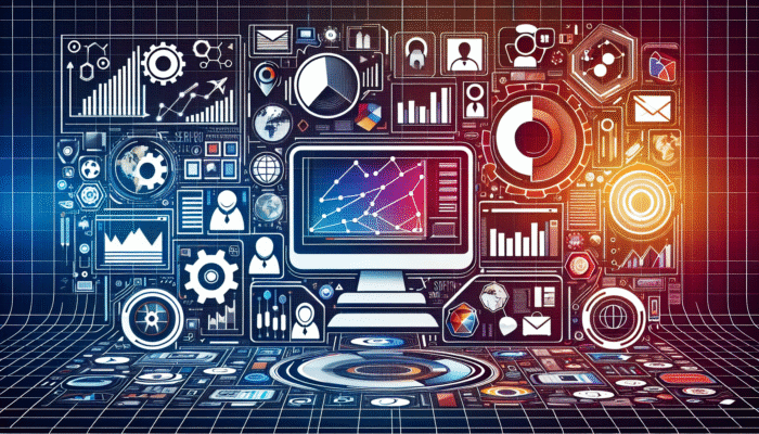 A modern digital workspace showing SEO analytics, keywords, and multimedia icons, organized with headers and bullet points.