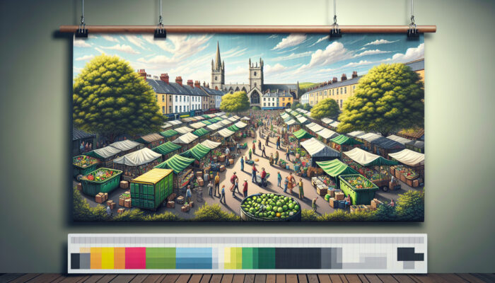 A local market in Exeter with people reusing and recycling, surrounded by greenery, symbolising sustainability.