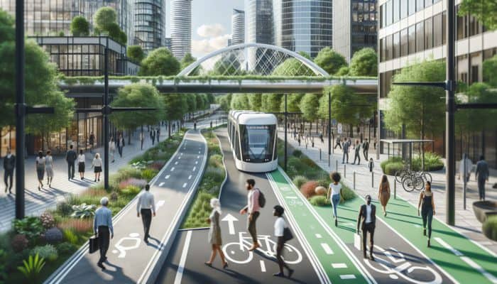 A vibrant urban scene with people heading to eco-friendly public transport, surrounded by greenery and bike lanes.