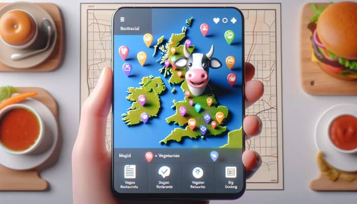 Apps for Plant-Based Diets: A colorful map of the UK with vegan restaurant icons and a smiling cow mascot on a mobile app.