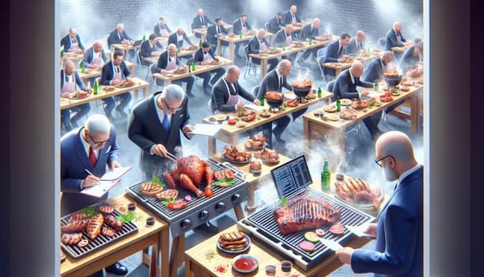 How to Analyse BBQ Competition Feedback: Judges at a BBQ competition evaluating dishes on taste, tenderness, and presentation, providing feedback to competitors.