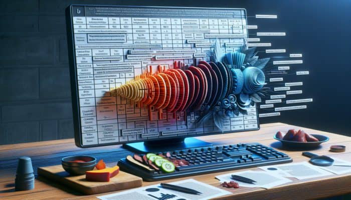 A spreadsheet on a computer screen showing categorized judges' feedback on BBQ entries with colour-coded cells.