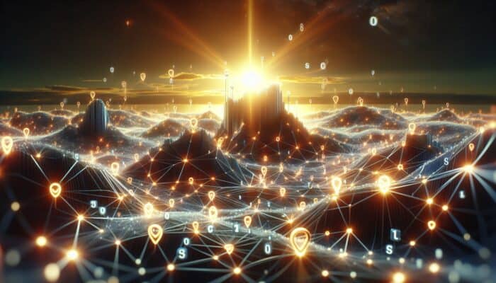 Futuristic digital landscape showcasing AI algorithms enhancing link structures for SEO.