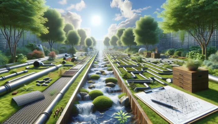 Yard Drainage Services in Port Coquitlam: A detailed yard with a sophisticated drainage system managing water flow, lush greenery, and clear pathways.