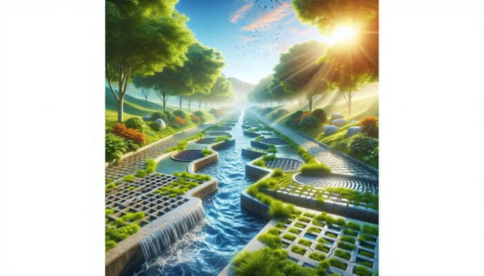 A serene landscape with French drains, swales, dry wells, and permeable paving, surrounded by lush greenery.