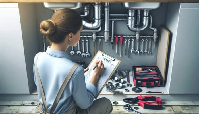 A plumber inspecting and documenting pipes under a sink in a commercial kitchen, using a checklist and tools.