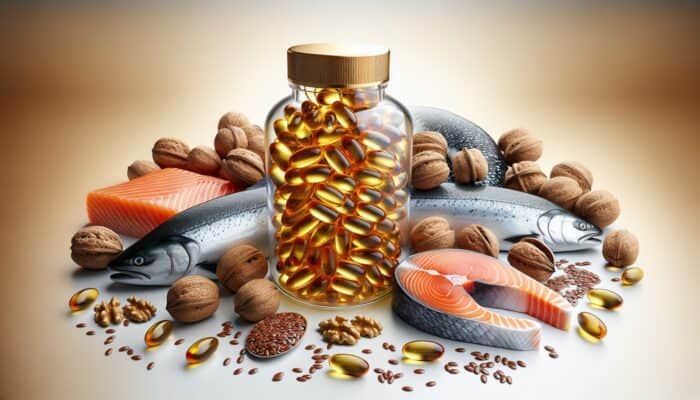 Golden fish oil capsules in a glass bottle with salmon, walnuts, and flaxseeds on a white background.