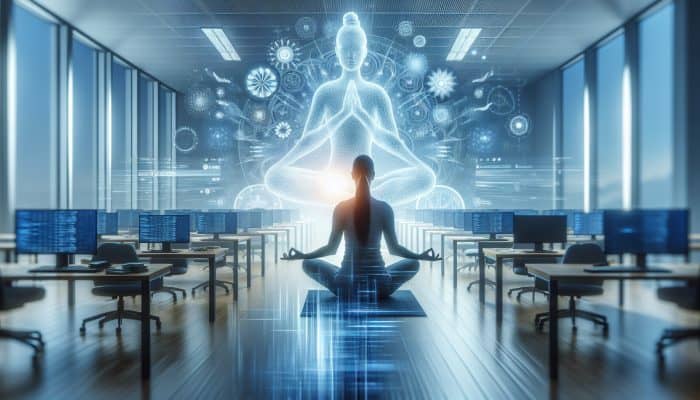Health Tips for Women in Tech: A tech worker practicing yoga and meditation in a modern office, symbolising stress relief.