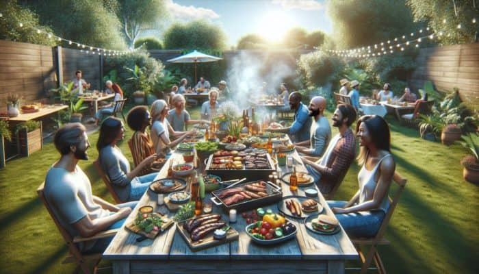 A vibrant BBQ setup with grilled meats, colourful sides, and friends enjoying a feast in a sunlit backyard.