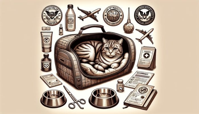 A cat in a carrier with travel documents and water, prepared for a flight.