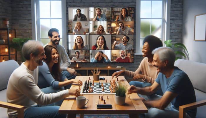 A diverse group enjoying a virtual game night via video call, symbolizing unity in cozy apartments.