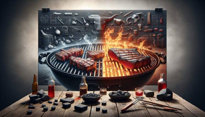 Comparison of briquettes and lump charcoal on a rustic table, featuring steaks searing and ribs slow-cooking.