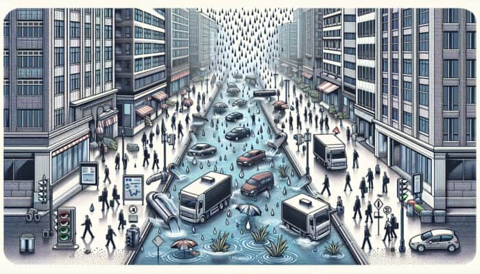 Clear, well-maintained catch basins in Ladner business district preventing flooding during heavy rain.