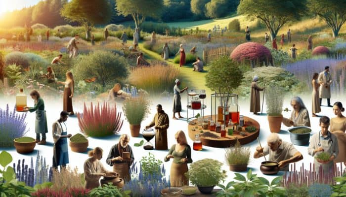 Herbal Safety for Chronic Conditions: A serene garden with diverse medicinal herbs and people brewing teas and tinctures, symbolizing herbal medicine's empowerment in the UK.