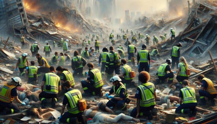 Disaster First Responders: First responders in high-visibility vests at a disaster scene, assessing damage, providing medical aid, and coordinating rescue efforts.