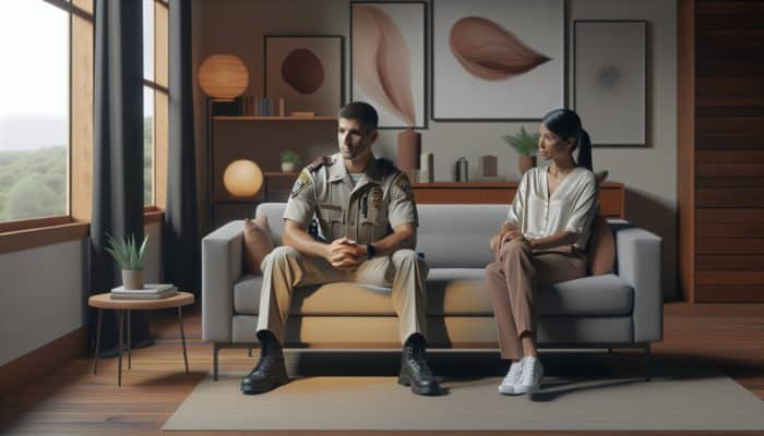 A stressed first responder in therapy, symbolizing essential mental health support for trauma.