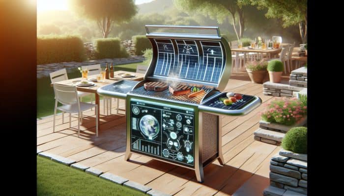 How to Grill with Solar-Powered Grills: A futuristic solar grill on a sunny patio cooking steaks and vegetables, with visible solar panels and eco-friendly design, surrounded by greenery.