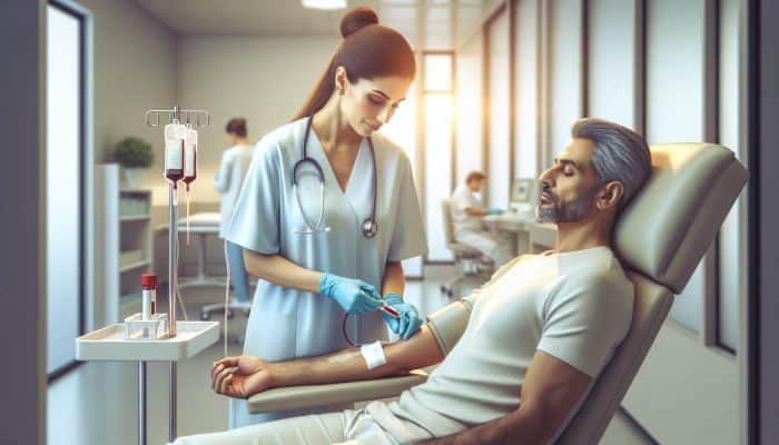 A healthcare professional drawing blood from a patient's arm in a clinic, using sterile equipment and applying a bandage.