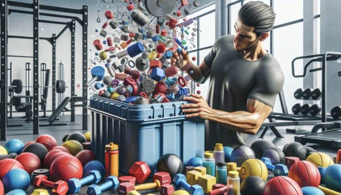 A person in a gym reading a pre-workout supplement label, surrounded by fitness equipment, looking focused.