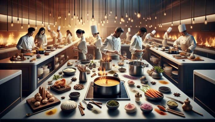 Chefs preparing gourmet dishes with rare spices like saffron, cardamom, sumac, vanilla, and black garlic.