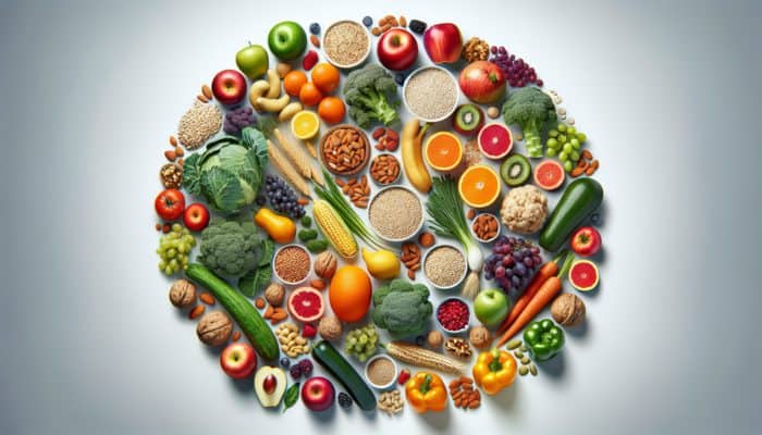 A colorful display of whole foods like fruits, vegetables, grains, and nuts, highlighting their health benefits.