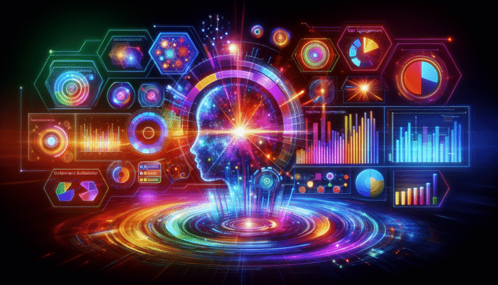 A futuristic dashboard with voice search analytics, colourful graphs, and SEO enhancement metrics.