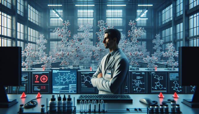 Scientist amidst glutamine models, warning signs, and red alerts in a high-tech lab, highlighting glutamine overload risks.