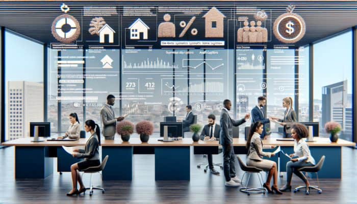 Diverse clients at a modern Bloemfontein bank reviewing home loan documents with bank officers evaluating applications on computers.