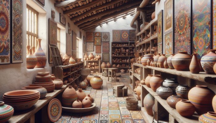 A vibrant San Miguel de Allende workshop with clay pottery and talavera tiles, showcasing local materials' cultural significance.