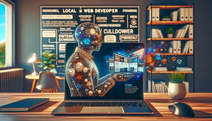 Local web developer and small business owner reviewing portfolio on laptop in cosy office.