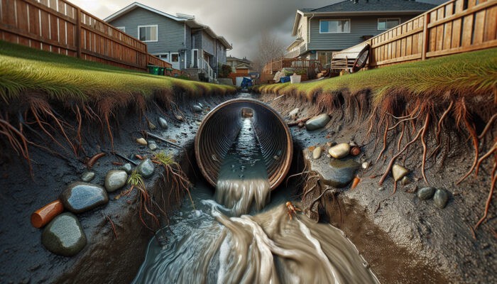 A clogged perimeter drain in Chilliwack with debris and soil erosion, water backing up near a home's foundation.