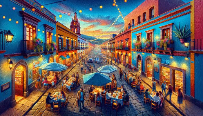 A vibrant San Miguel de Allende street scene at dusk, with colorful colonial buildings and bustling outdoor eateries serving diverse dishes.