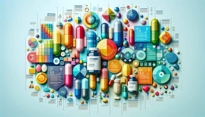 Dynamic infographic featuring tips on creating supplement-centric content, highlighting vitamins and capsules.