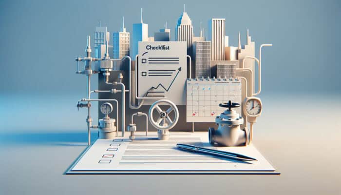 Checklist for backflow testing with calendar, pen, and water valve against Port Coquitlam skyline.