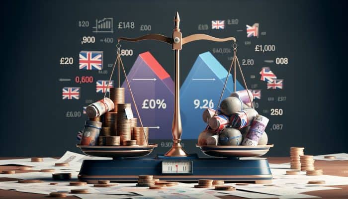 Debt Consolidation Loan Debt-to-Income Ratios: UK Guide | DCL Debt Consolidation Loan Debt-to-Income Ratios: A scale with coins and bills, financial graphs, and a UK flag, illustrating debt-to-income ratio.
