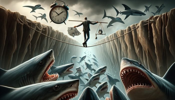 Debt Consolidation Loan Debt-to-Income Ratios: UK Guide | DCL A person on a tightrope over sharks, juggling bills and a clock, depicting debt consolidation risks.