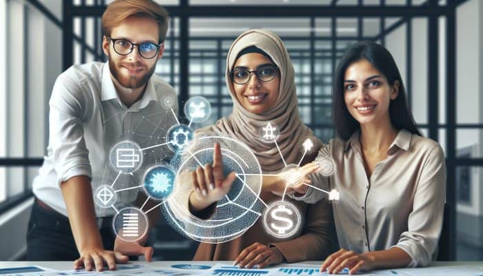 How Fintech Is Changing Debt Consolidation: UK Trends | DCL A diverse group of consumers using a fintech platform for debt consolidation, guided by a financial advisor in a modern office.