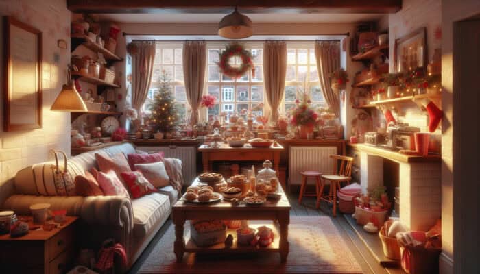 Clearing a UK Home Before Christmas: A cluttered UK living room adorned with holiday decorations and baking supplies, requiring decluttering before Christmas.