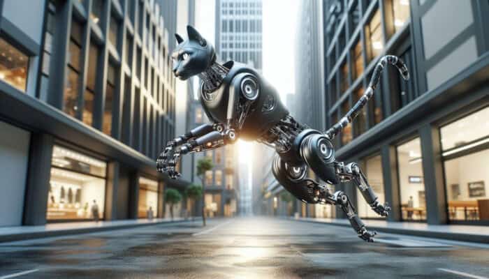 A robotic cat, inspired by feline agility, leaps and lands gracefully in an urban setting.