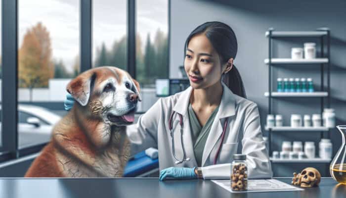 A vet examines a seven-year-old dog in a clinic, utilising charts and graphs to illustrate aging and care.