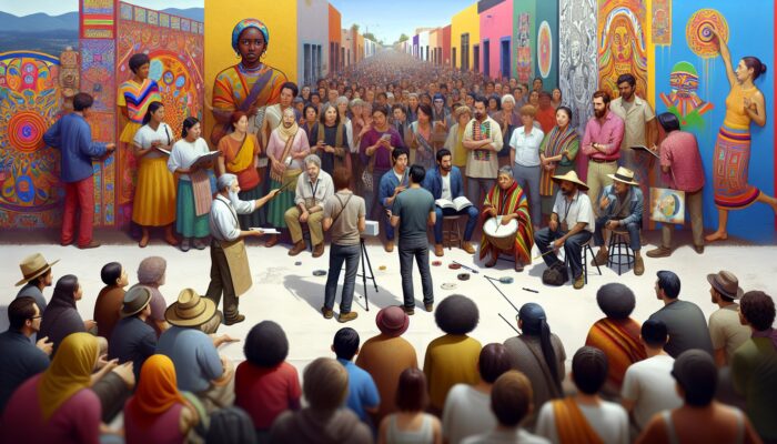 Local artists engaging with visitors during a vibrant mural tour in San Miguel de Allende.