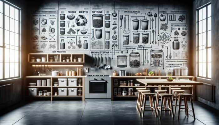 Kitchen setup featuring food scrap storage, upcycling recipes, and preservation techniques like freezing, dehydrating, and fermenting.