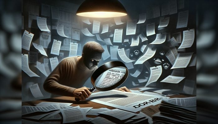 How to Spot Overpriced Consolidation Loans: UK Guide | DCL A borrower examines a loan agreement with a magnifying glass, revealing hidden fees in fine print, looking concerned in dim office.