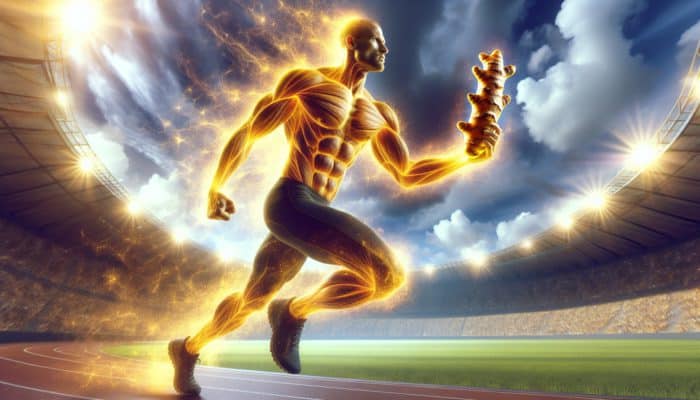 A muscular athlete running in a sunlit stadium, holding turmeric root, with golden auras symbolizing enhanced endurance and reduced inflammation.