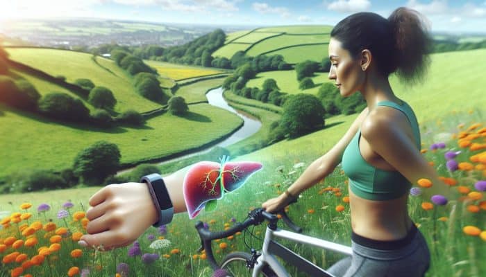 A person cycles through green UK hills with blooming wildflowers, checking a fitness tracker, symbolising renewed energy and liver health.